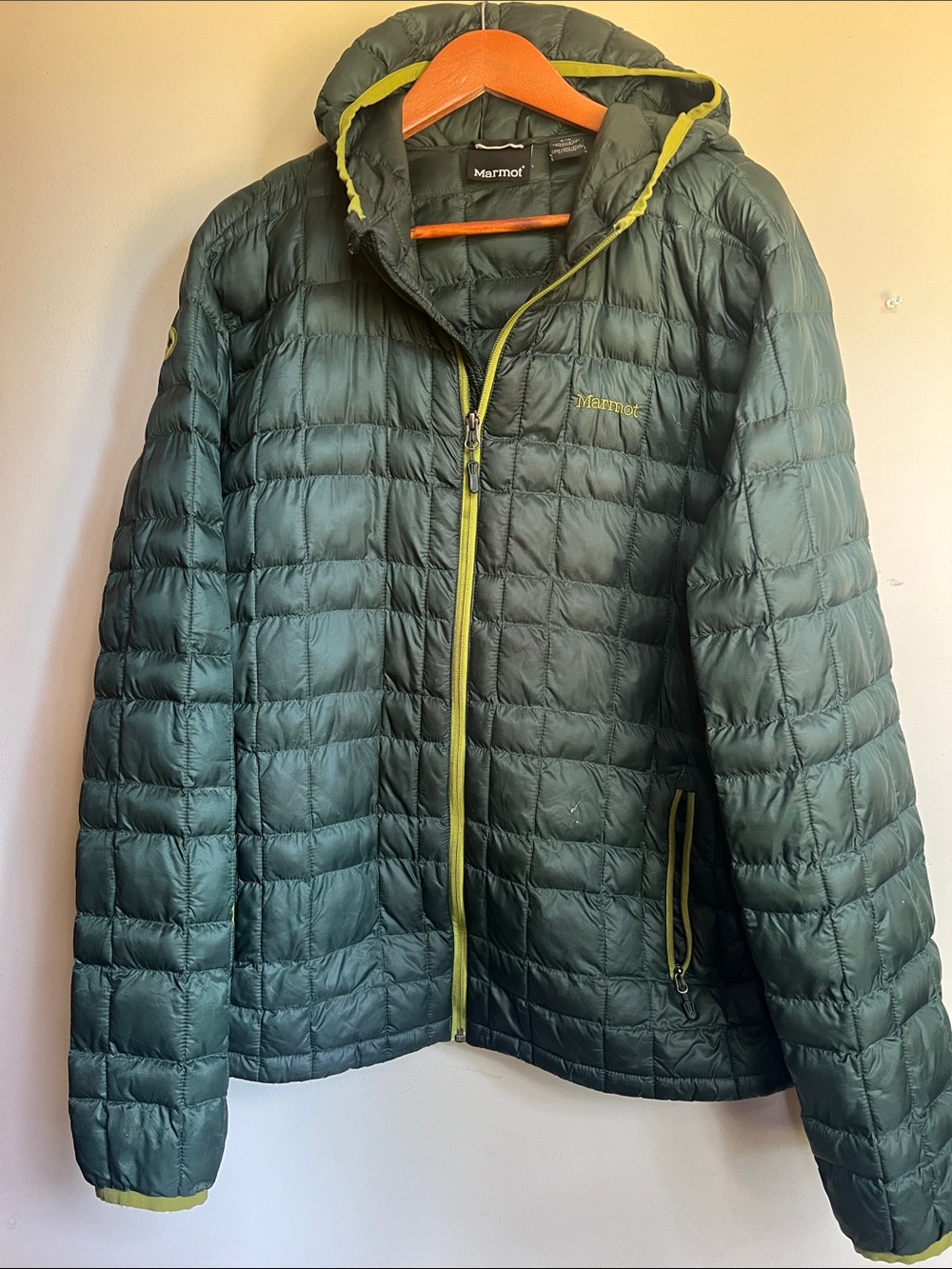 Marmot Dark Green Puffer Jacket with Lime Trim